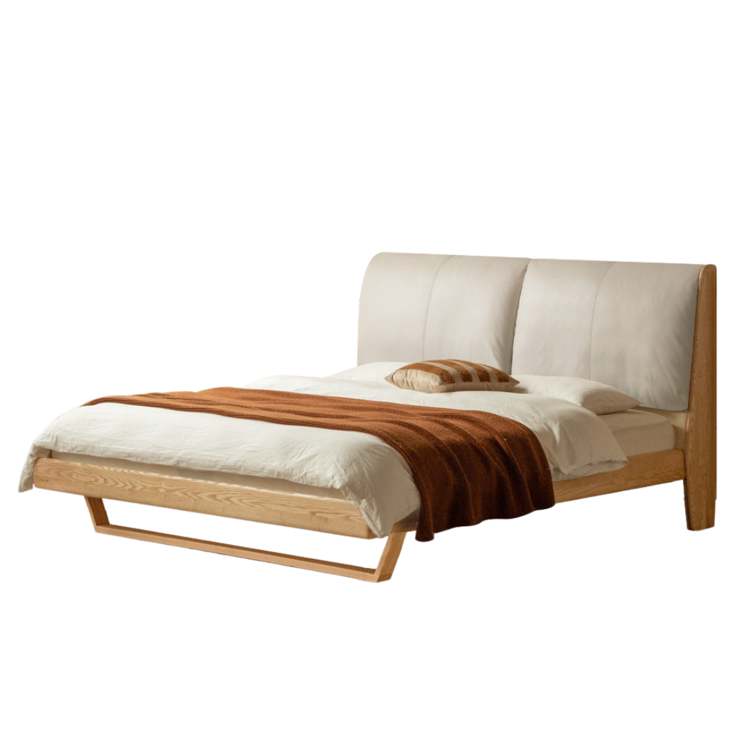 Oak, Ash Solid Wood Genuine Leather, Ecological Leather Suspended Bed Italian Light Luxury