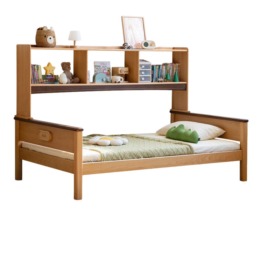 Beech Solid Wood Kids Bed with Bookcase Headboard and Pull-Out Trundle