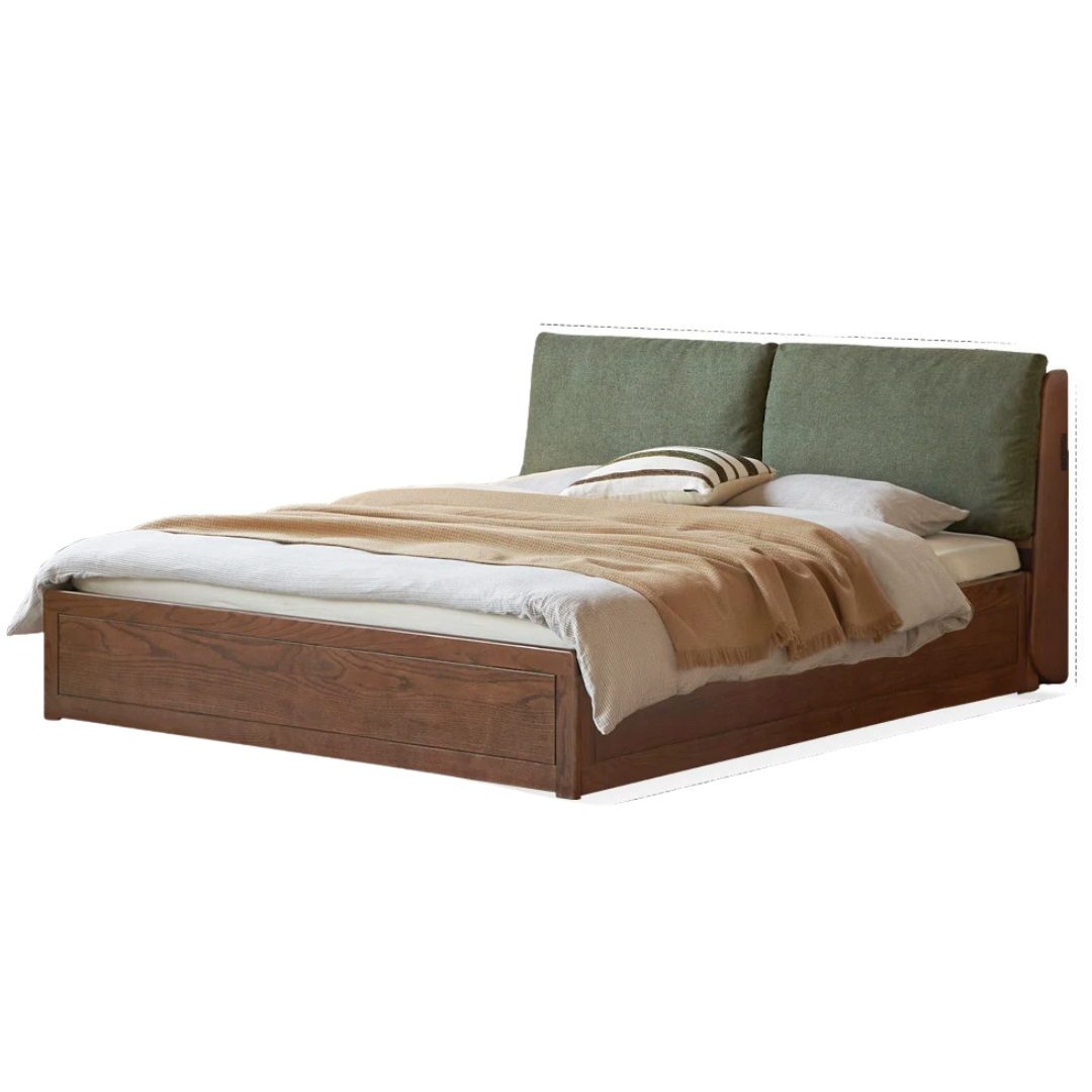 Oak Solid Wood Genuine Leather, Fabric Soft-Padded Box Bed