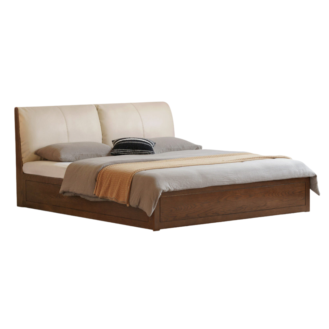 Oak Solid Wood Bed — Genuine leather, Fabric Upholstered Design
