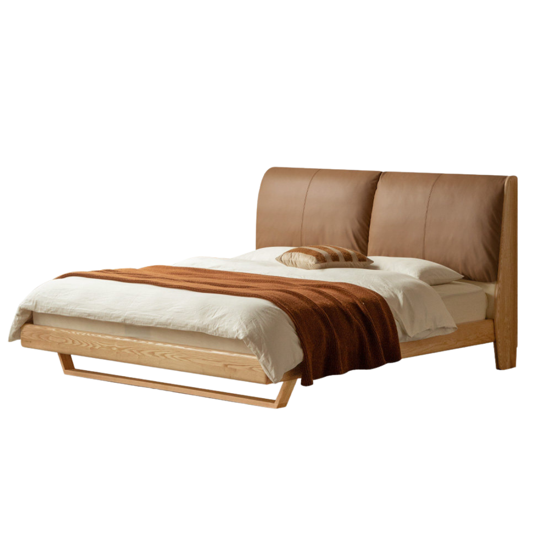 Oak, Ash Solid Wood Genuine Leather, Ecological Leather Suspended Bed Italian Light Luxury