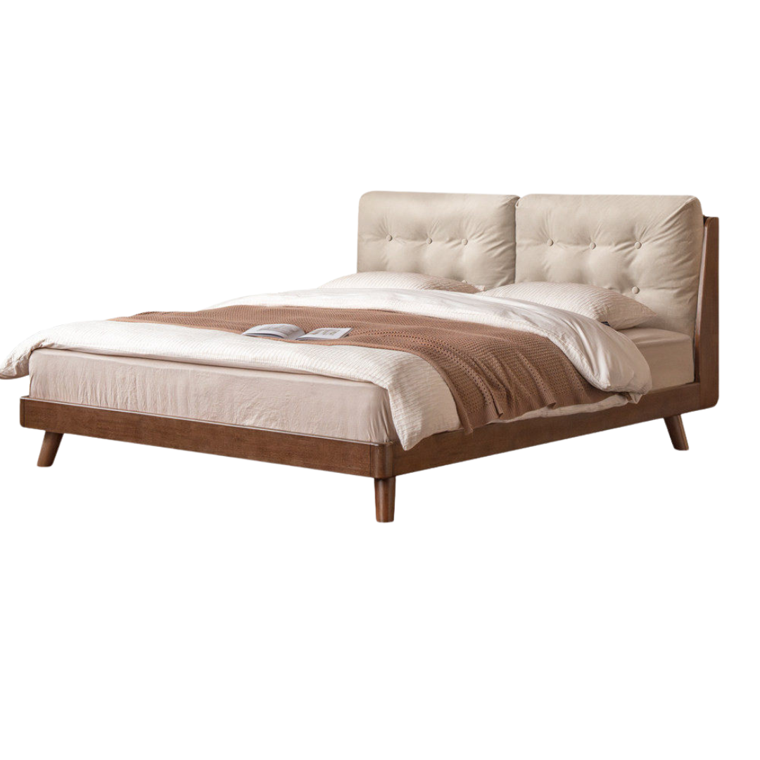 Rubberwood Solid Wood Bed with Oversized Soft Pillow Headboard