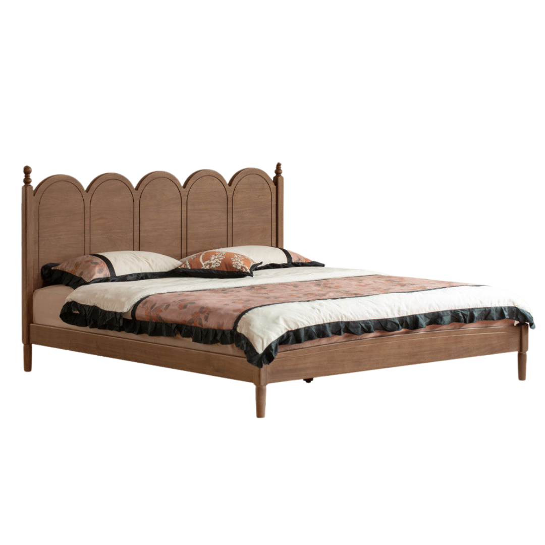 Black Walnut Solid Wood French Country Arched Platform Bed with Turned Posts