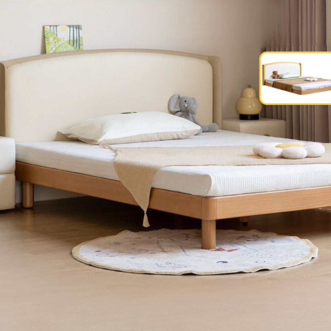 Beech Solid Wood Kids Upholstered Low Platform Bed with Curved Headboard