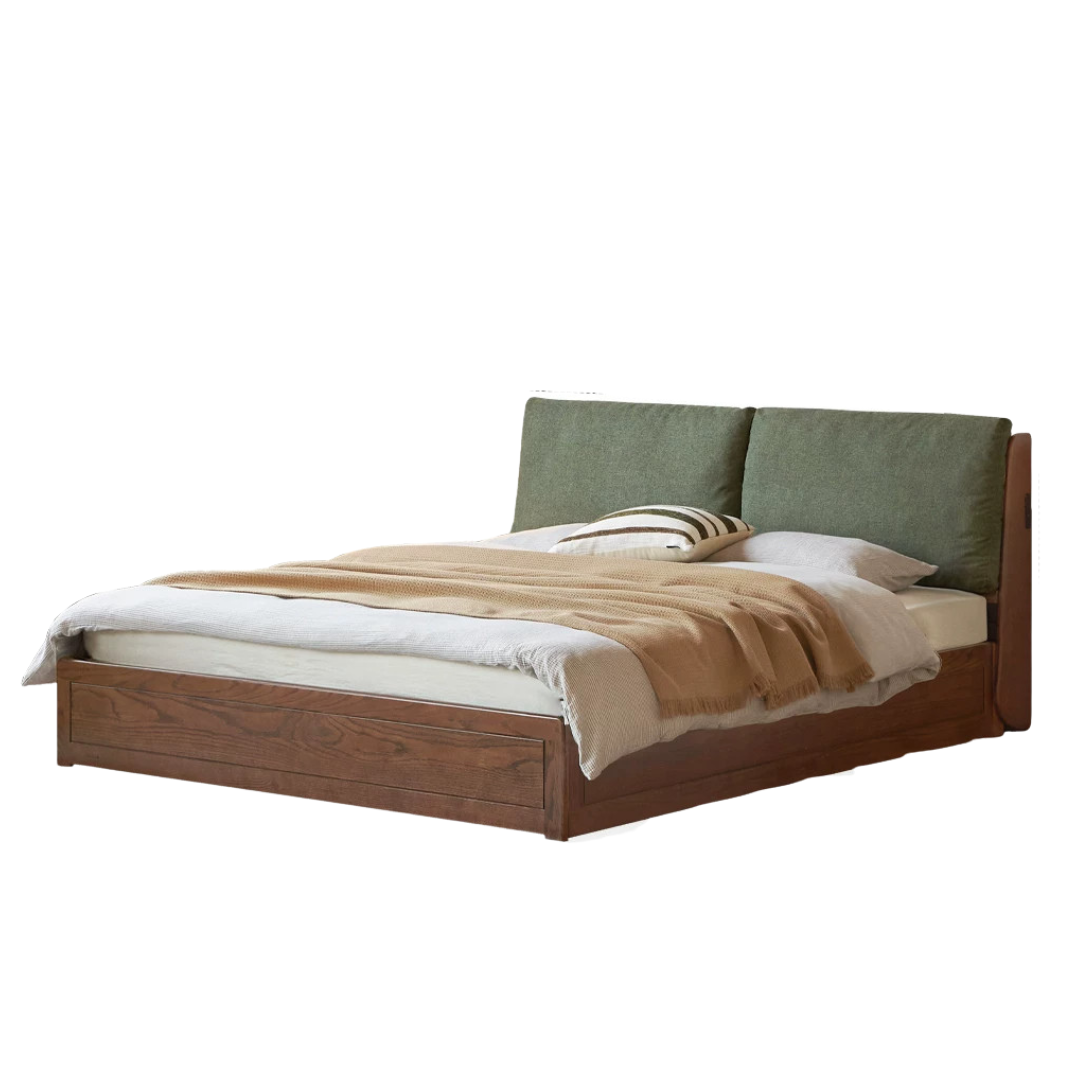 Oak Solid Wood Genuine Leather, Fabric Soft-Padded Box Bed