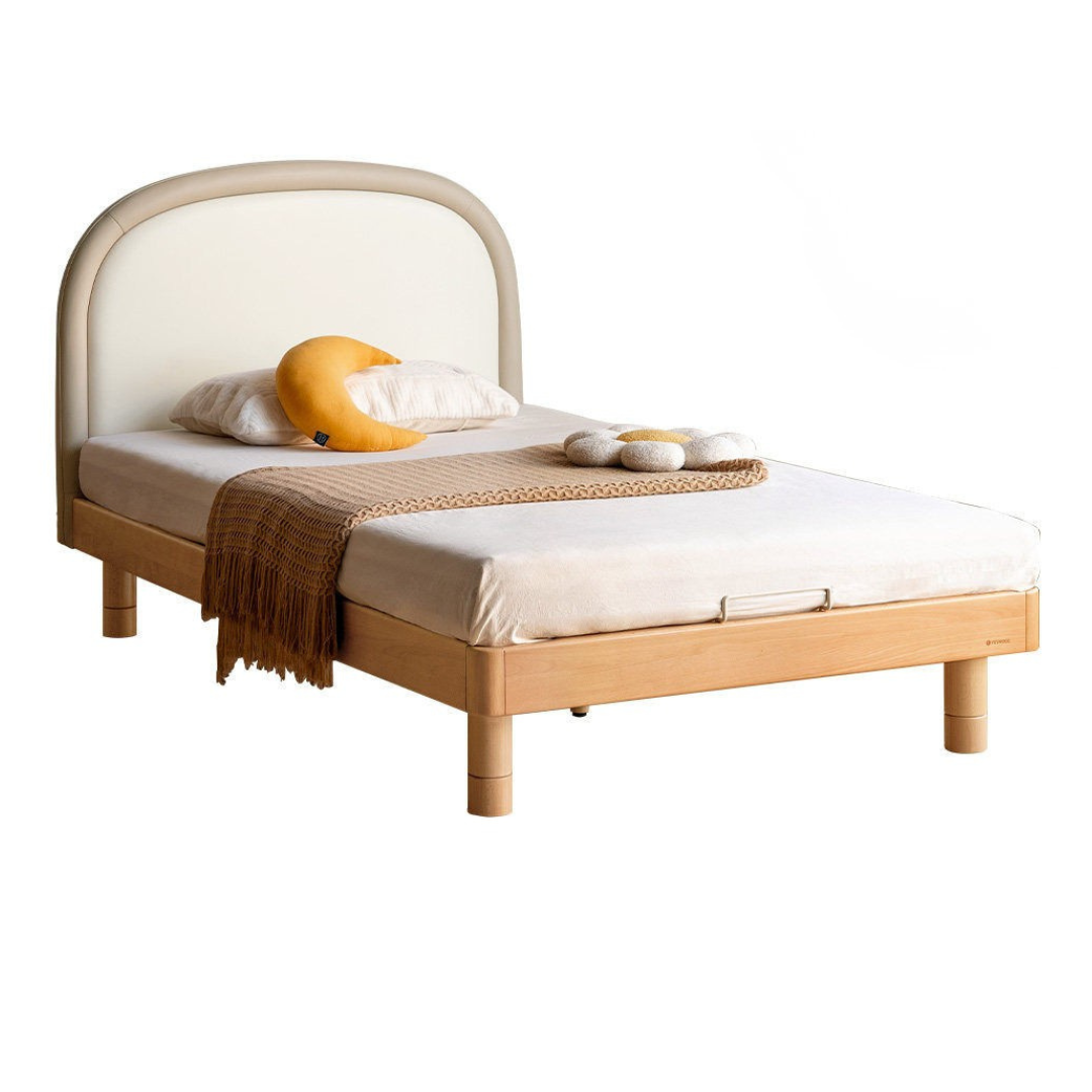 Beech solid wood Kids Bed with Round Headboard and Adjustable Height Legs
