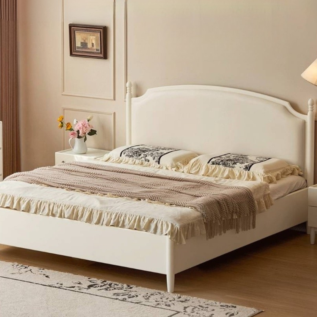 Rubberwood Solid Wood French Cream Storage Bed with Upholstered Headboard