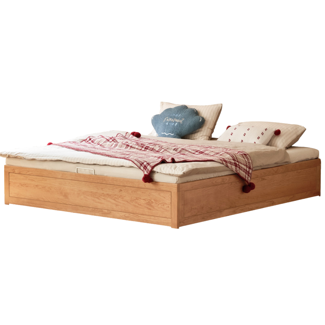Oak, Rubberwood, Cherry Solid Wood Platform Box Bed, Headboard-Free Bed Modern Minimalist