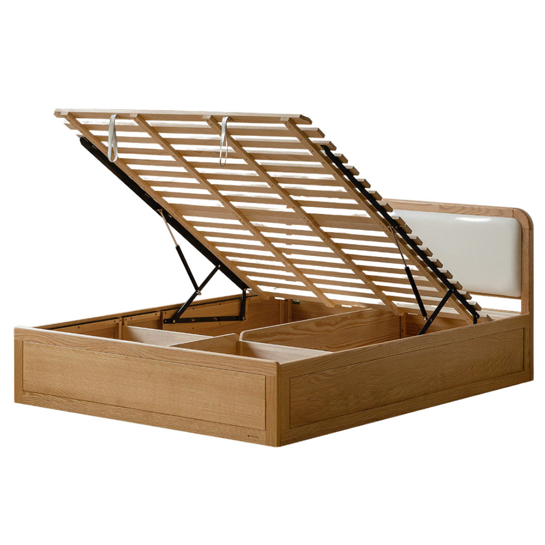 Oak, Rubberwood Solid Wood Upholstered Kids Storage Bed with Gas Lift and Rounded Headboard