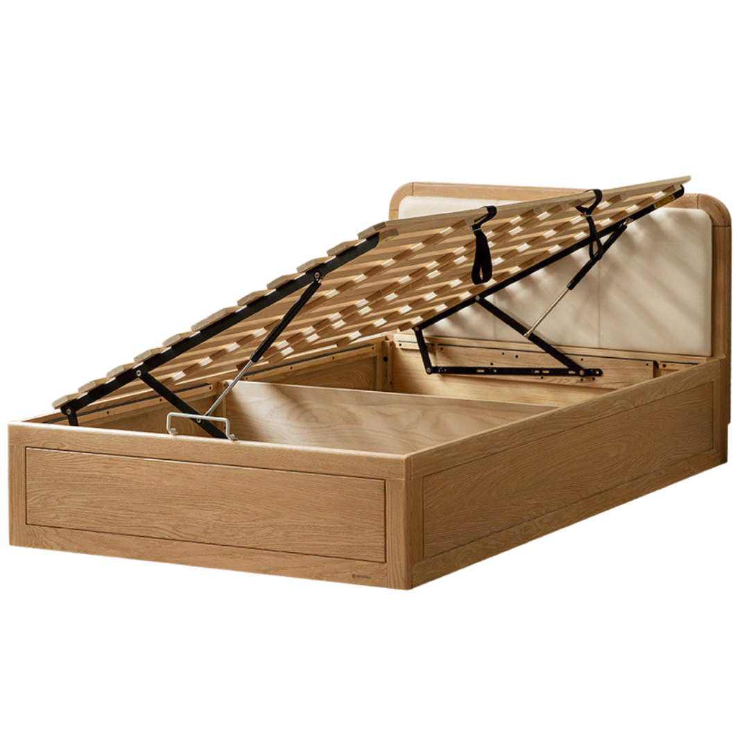 Oak, Rubberwood Solid Wood Upholstered Kids Storage Bed with Gas Lift and Rounded Headboard