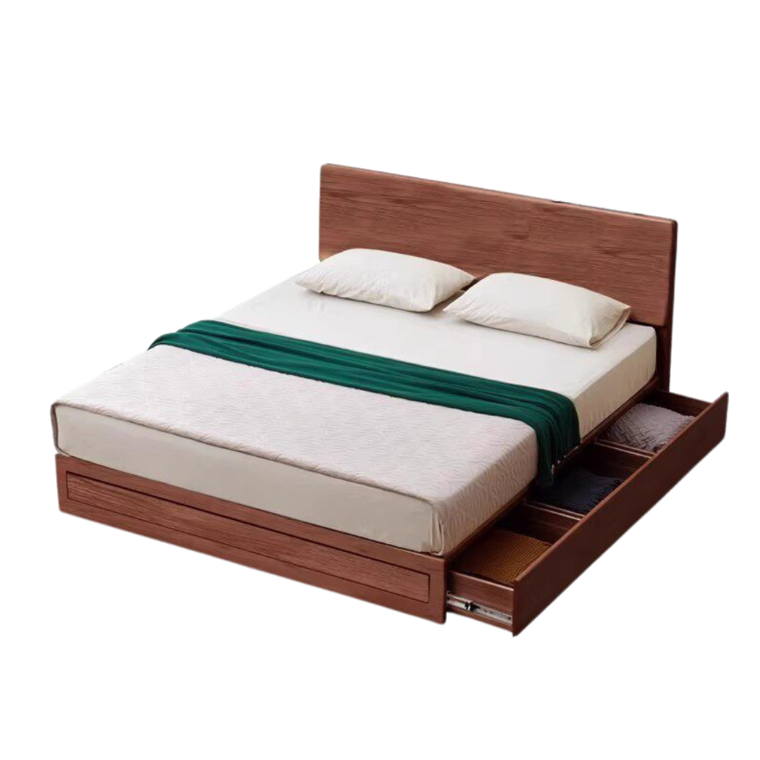 Ash, Oak, Black Walnut Solid Wood Box Bed with Drawers