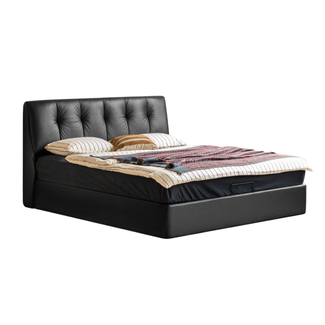 Genuine Leather Bed with Thick Tufted Headboard – Platform or Lift-Up Storage Bed with Drawers
