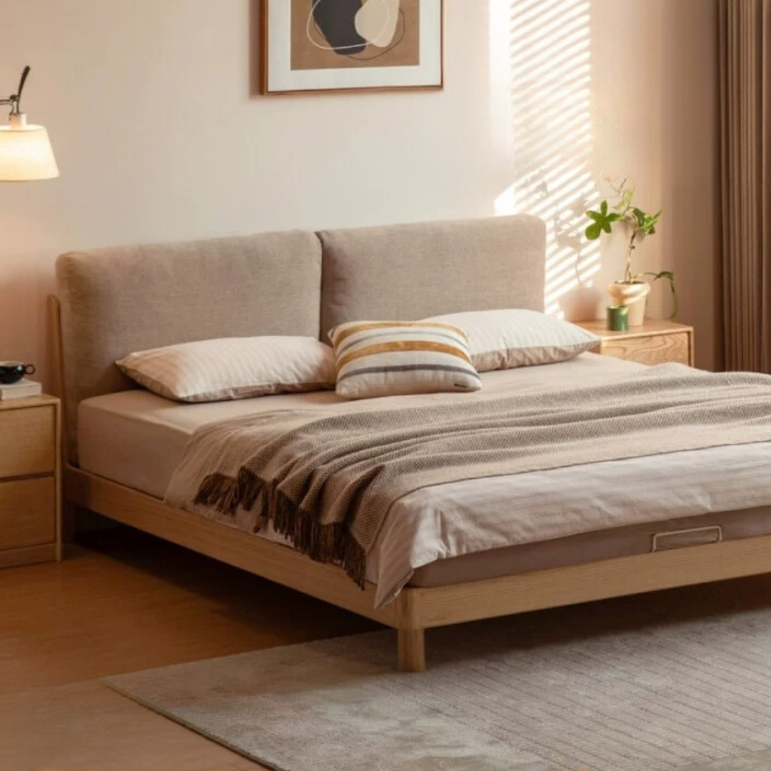 Oak Solid Wood Soft Genuine Leather, Fabric Bed