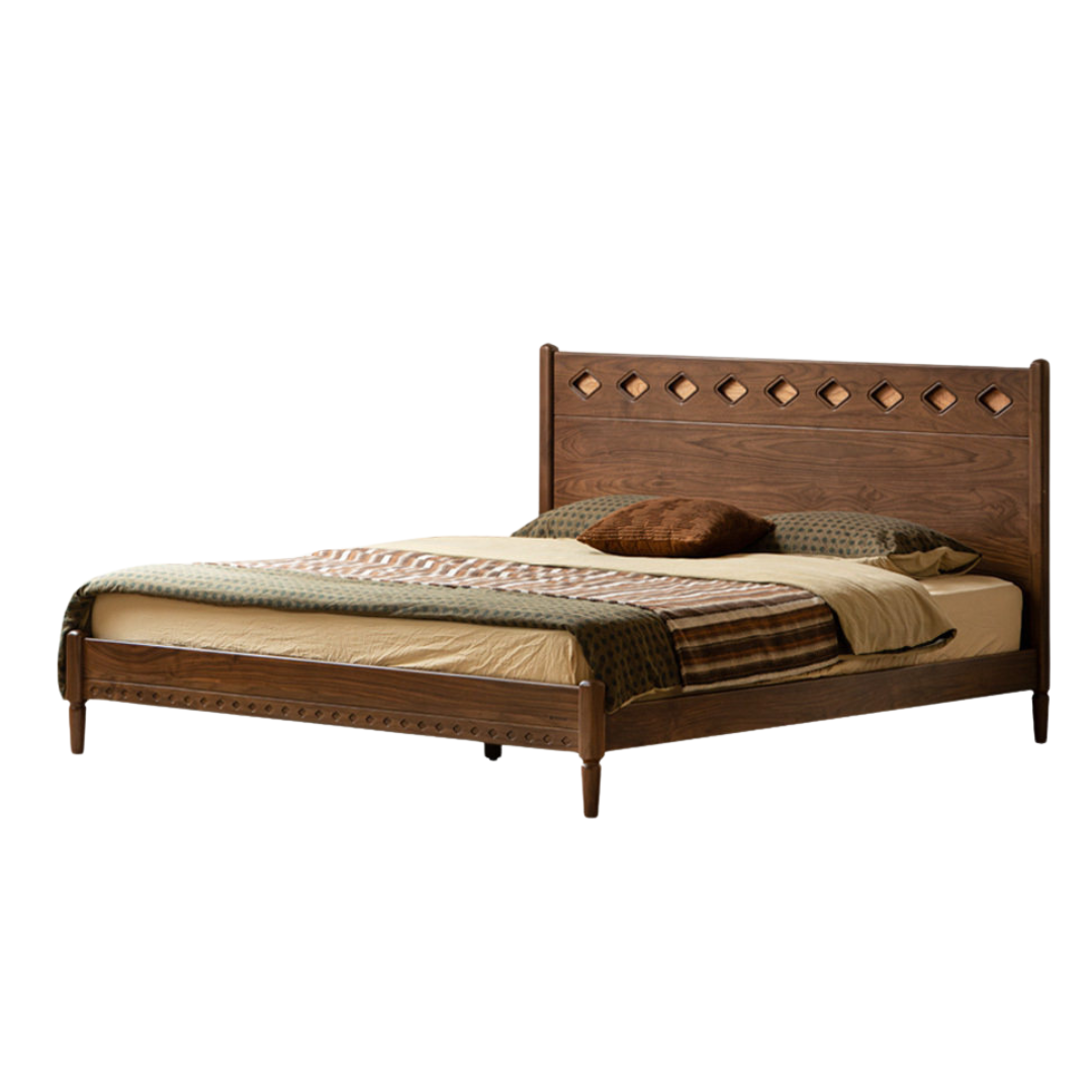 Black Walnut Solid Wood Mid-Century Classic Bed with Cherry Accent Headboard