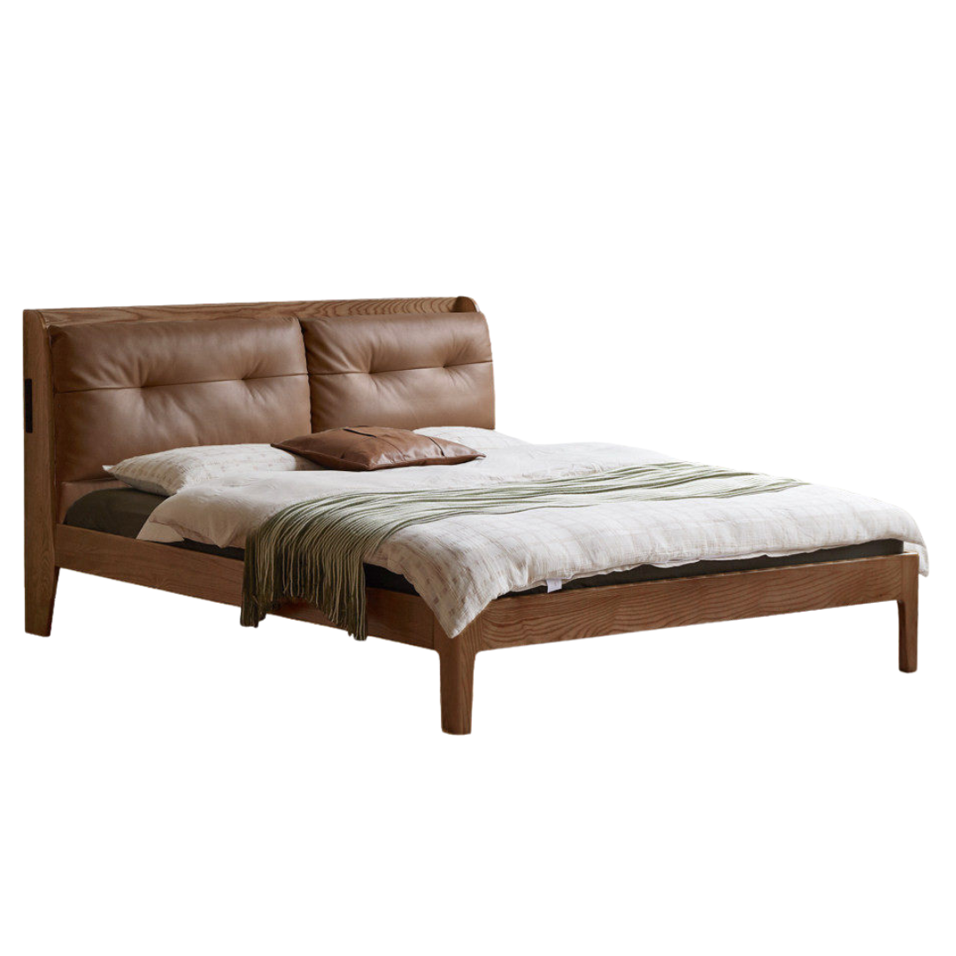 Ash Solid Wood Modern Leather Tufted Platform Bed with USB Charging Port