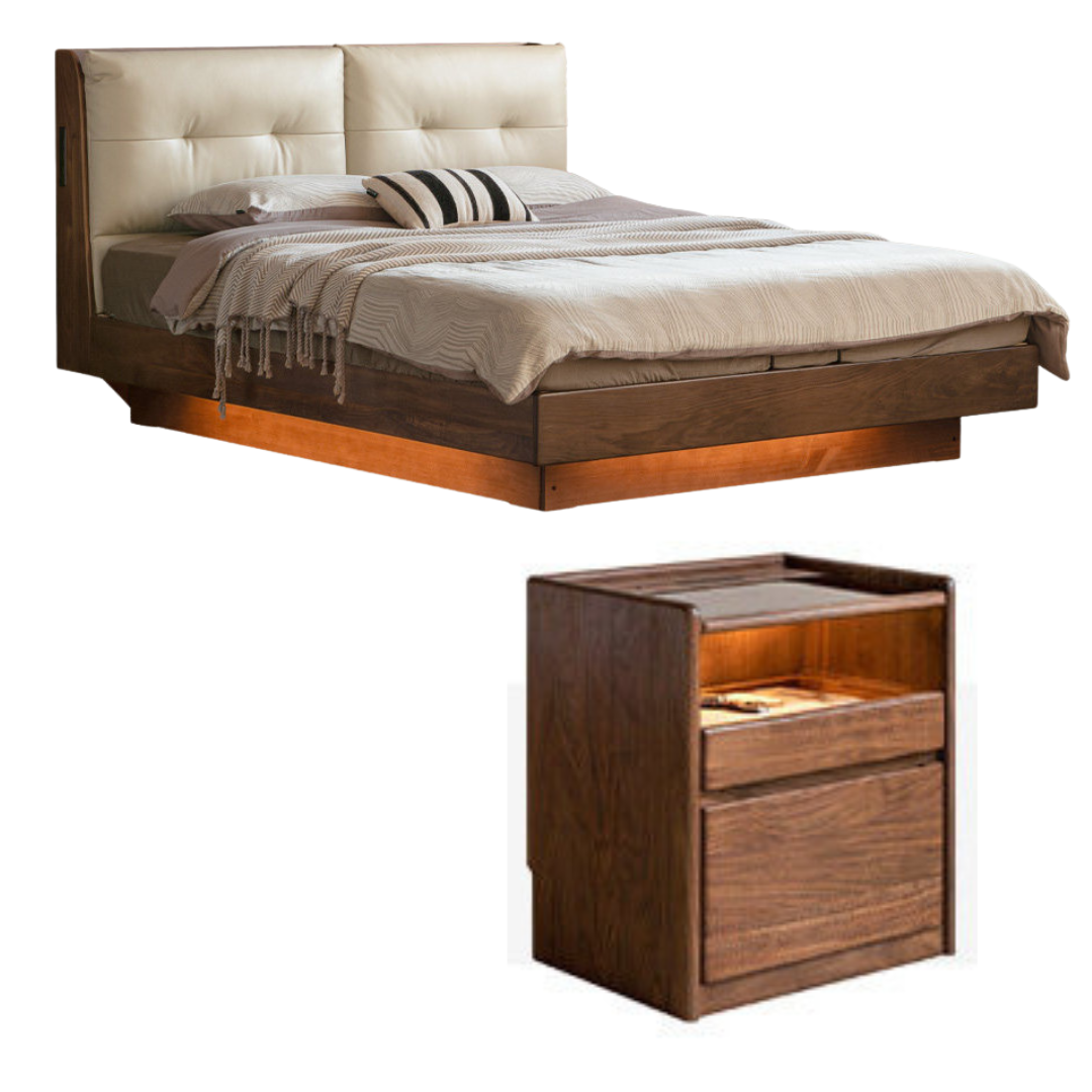Black Walnut Solid Wood Genuine Leather Lift-Up Storage Bed with Tufted Headboard and LED Floating Base