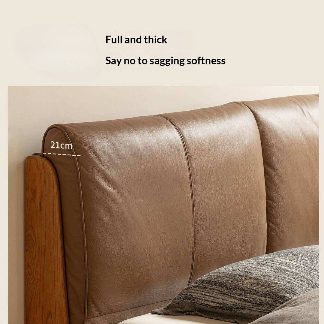 Cherry Solid Wood Bed with Genuine Leather Upholstered Headboard and LED Lighting
