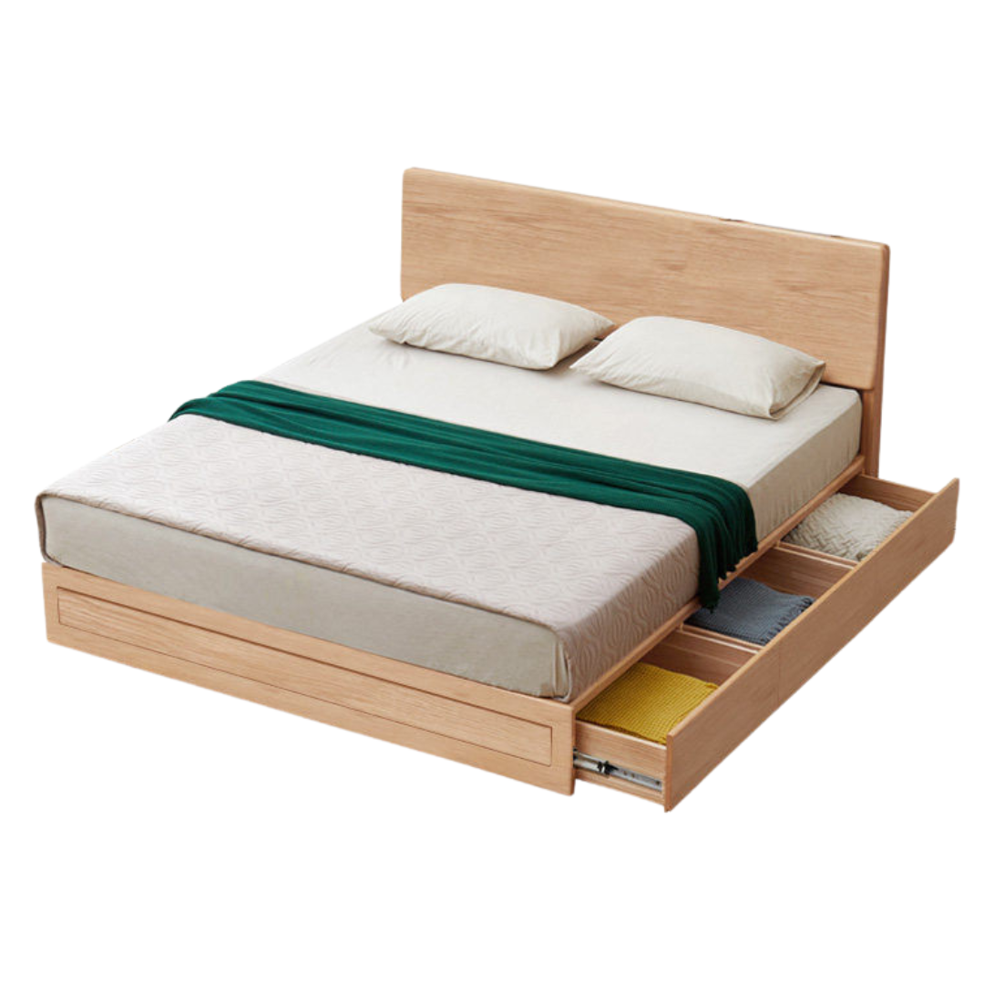 Ash, Oak, Black Walnut Solid Wood Box Bed with Drawers
