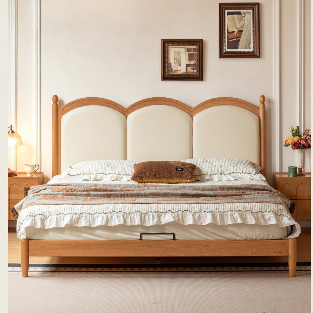 Cherry Wood Solid Wood French Country Bed with Scalloped Arch Panel Headboard