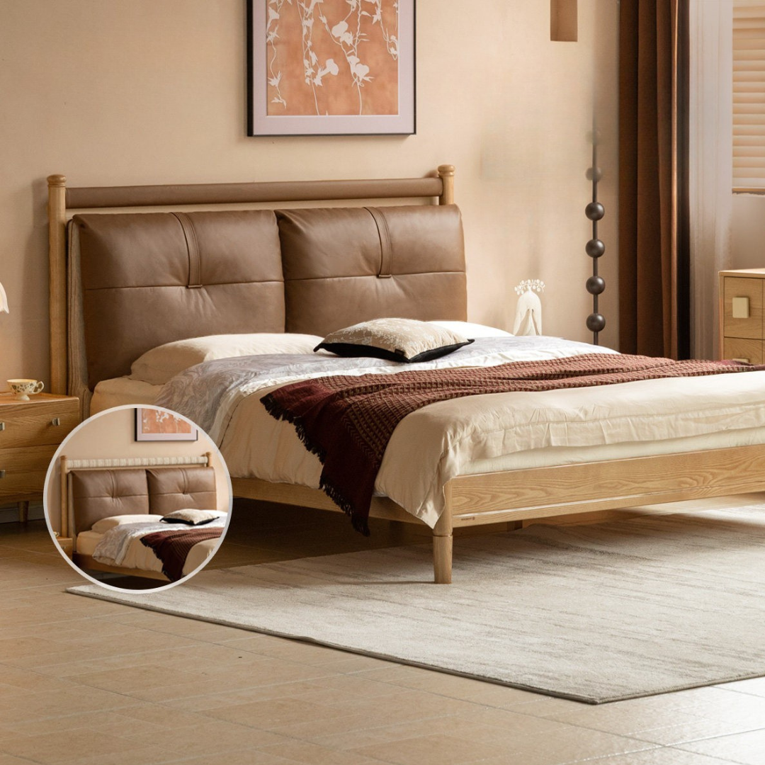 Ash Solid Wood Bed with Plush Genuine Leather Cushioned Headboard