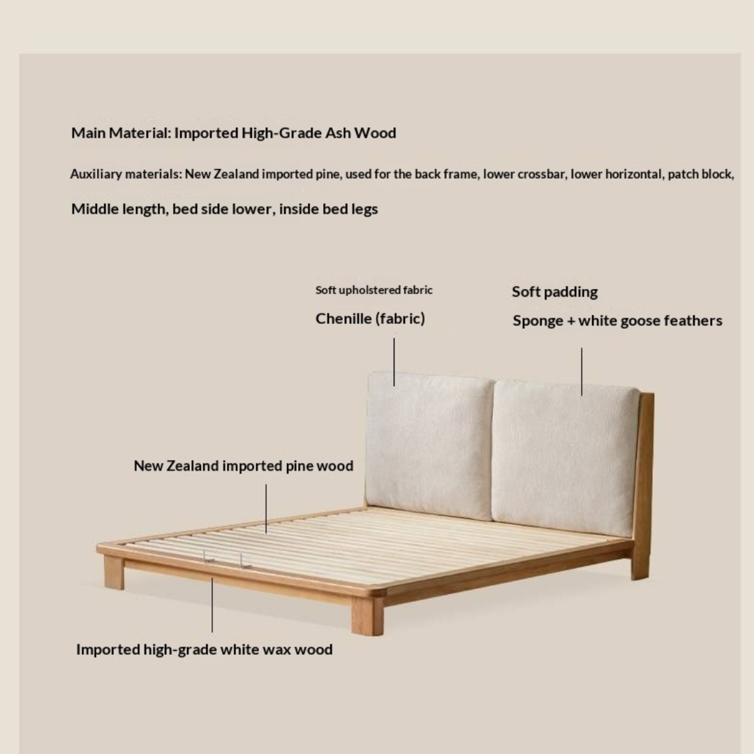 Ash Solid Wood Platform Bed with Split Panel Upholstered Headboard