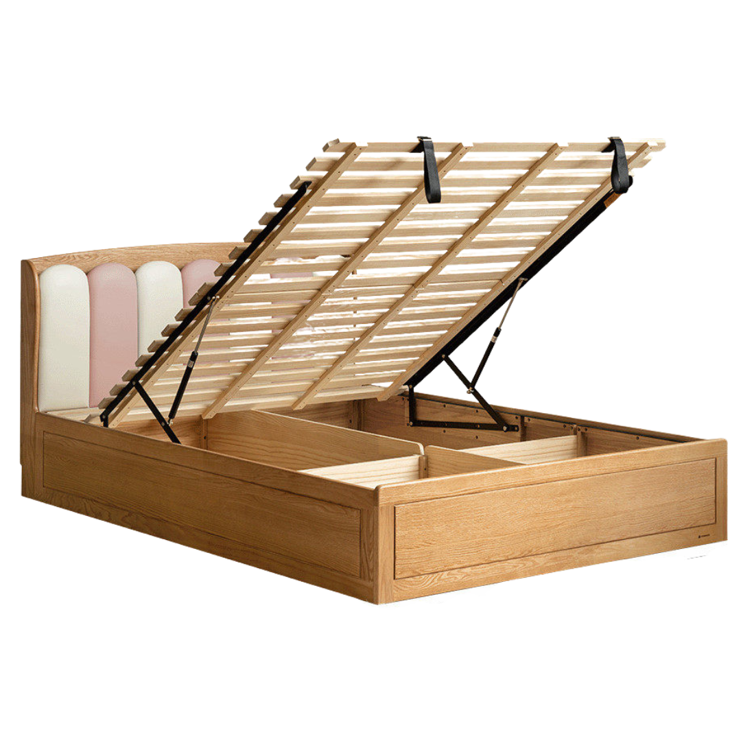 Oak Solid Wood Kids Bed with Adjustable Channel-Tufted Headboard and Gas-Lift Storage