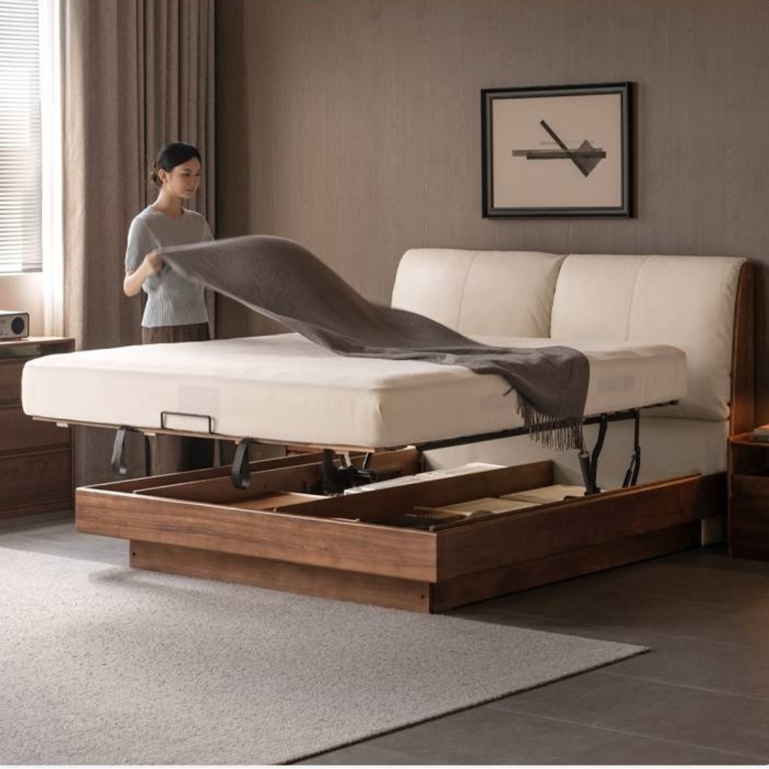 Black Walnut Solid Wood Italian Luxury Leather Electric suspended box bed