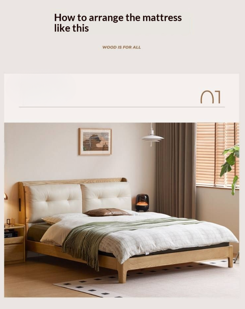 Ash Solid Wood Modern Leather Tufted Platform Bed with USB Charging Port