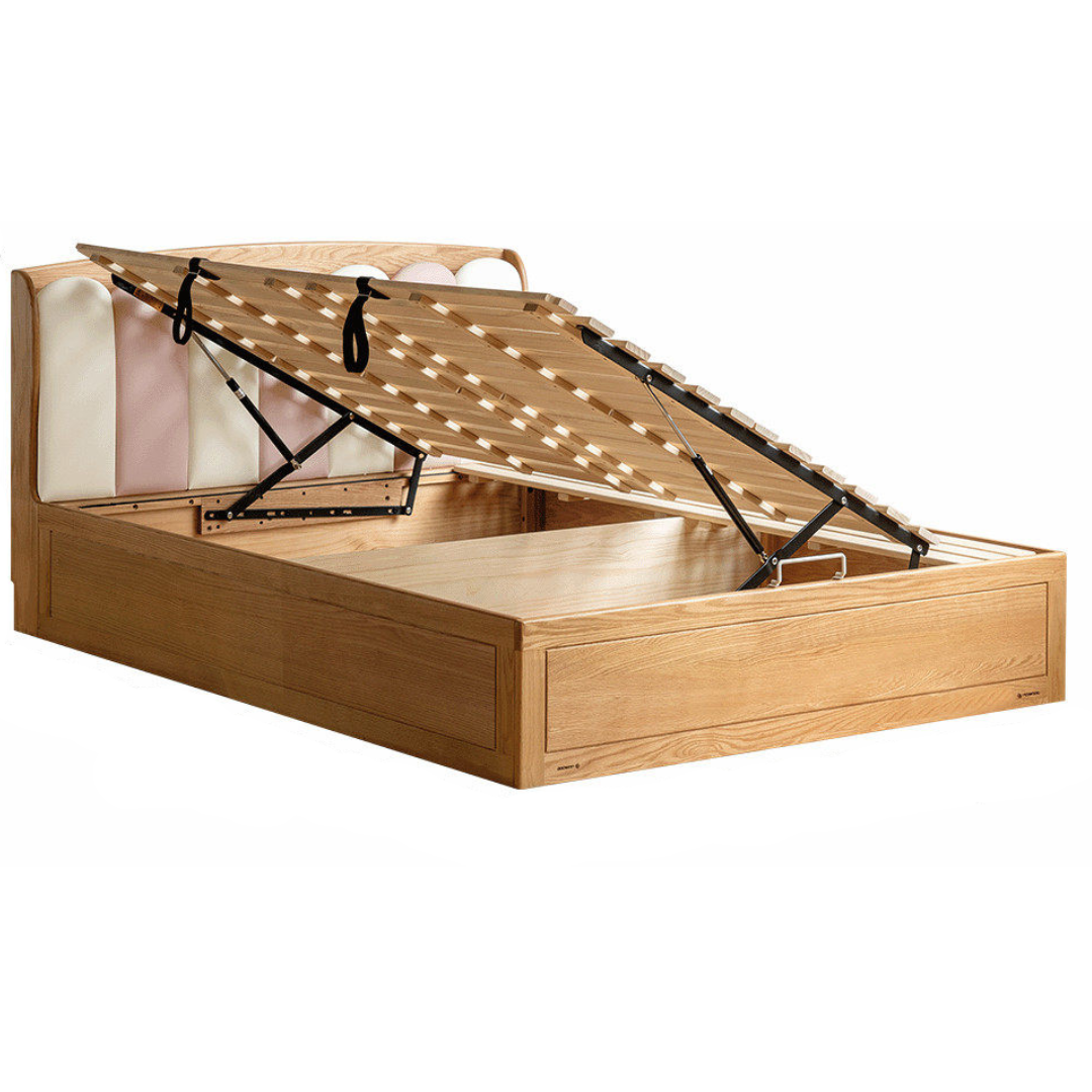 Oak Solid Wood Kids Bed with Adjustable Channel-Tufted Headboard and Gas-Lift Storage