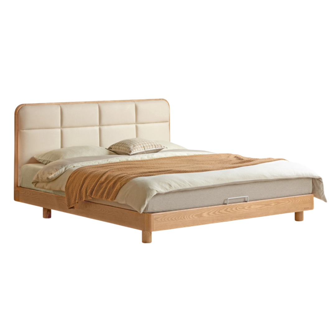 Ash Solid Wood Upholstered Platform Bed with Grid Tufted Headboard