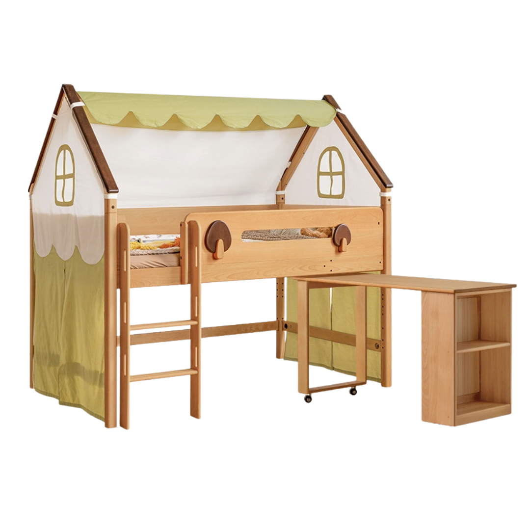 Beech Solid Wood House-Frame Loft Bed with Bookshelf and Storage Drawers