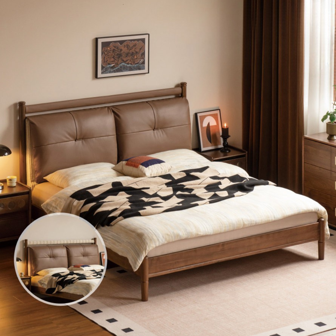 Black Walnut Solid Wood Bed with Plush Genuine Leather Cushioned Headboard
