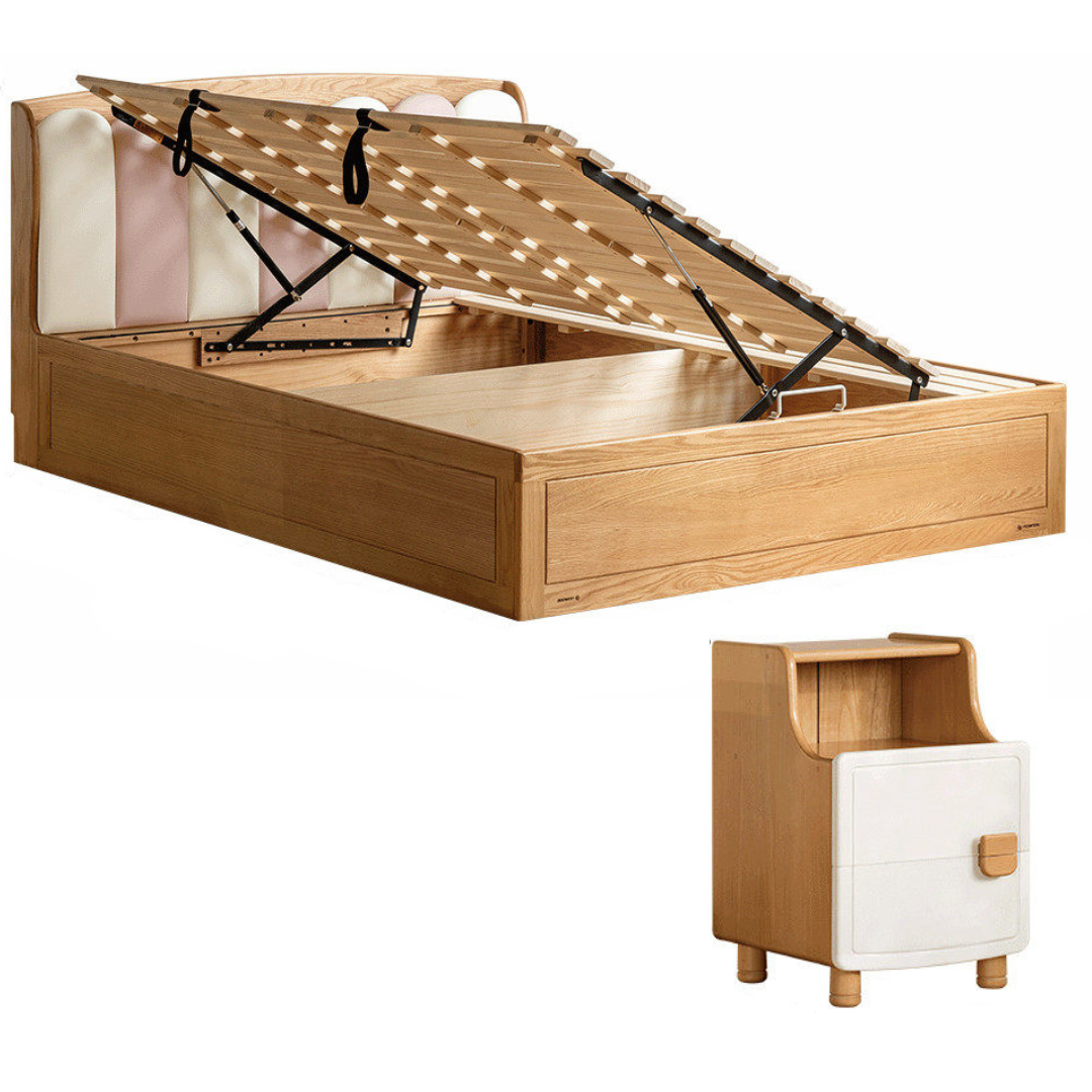 Oak Solid Wood Kids Bed with Adjustable Channel-Tufted Headboard and Gas-Lift Storage