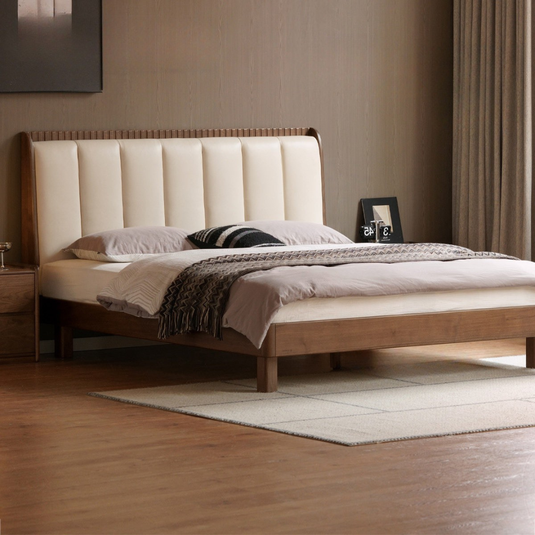 Black Walnut, Golden Sandalwood Solid Wood Genuine Leather Extra Tall Vertical Channel Tufted Platform Bed
