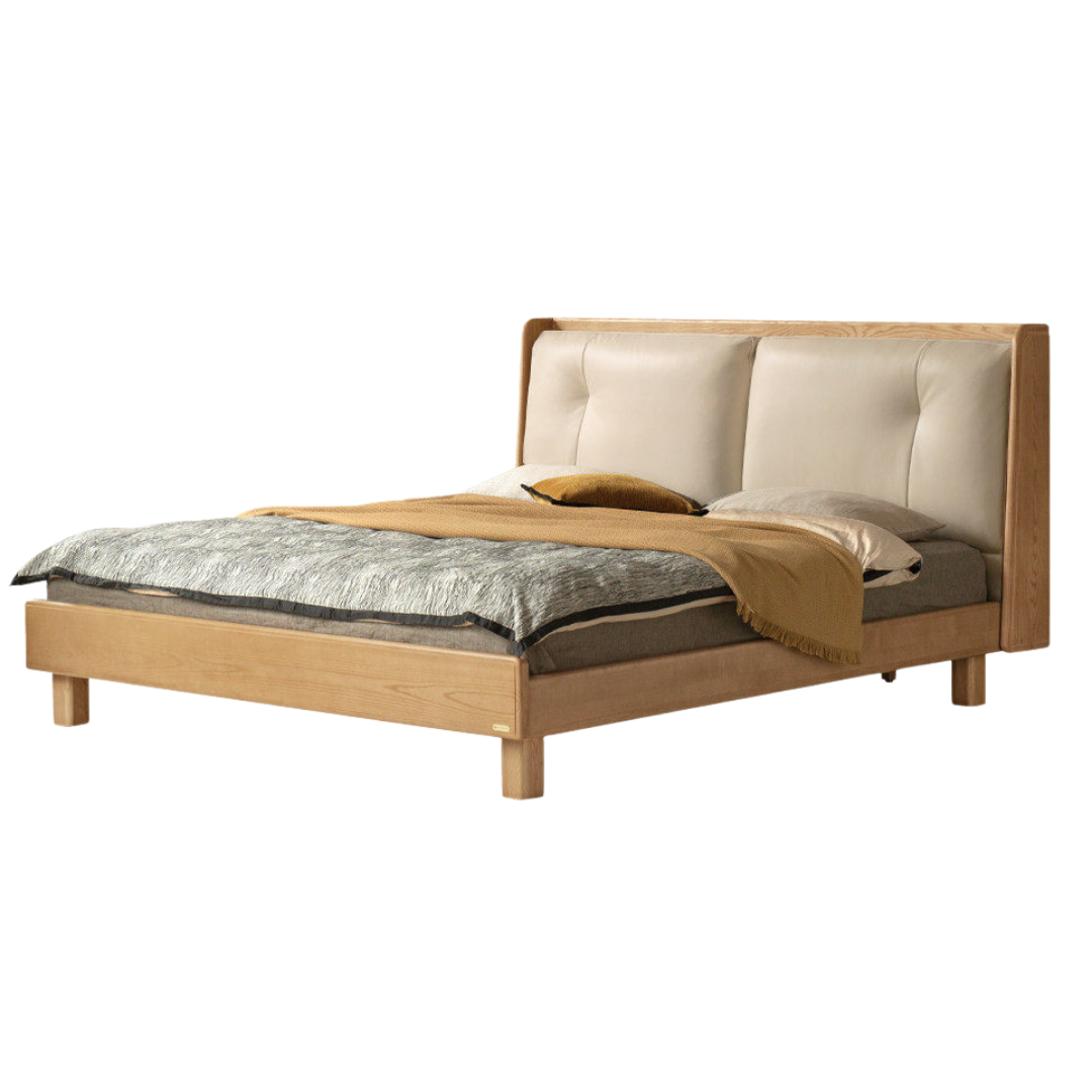 Ash Solid Wood Upholstered Floating Platform Bed with LED Lights