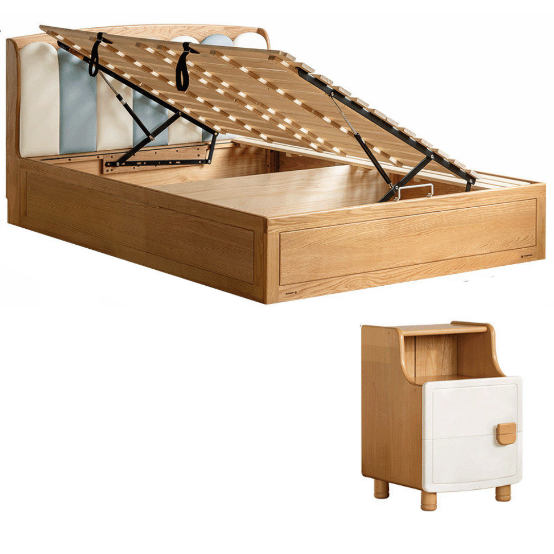 Oak Solid Wood Kids Bed with Adjustable Channel-Tufted Headboard and Gas-Lift Storage