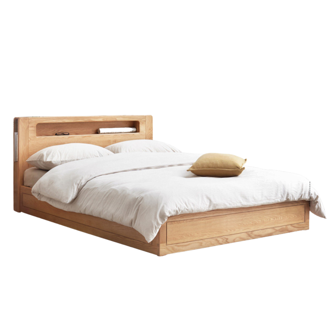 Oak Solid Wood Storage Bed with Bookcase Headboard and Built-In Desk Setup