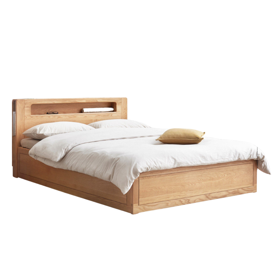 Oak Solid Wood Storage Bed with Bookcase Headboard and Built-In Desk Setup