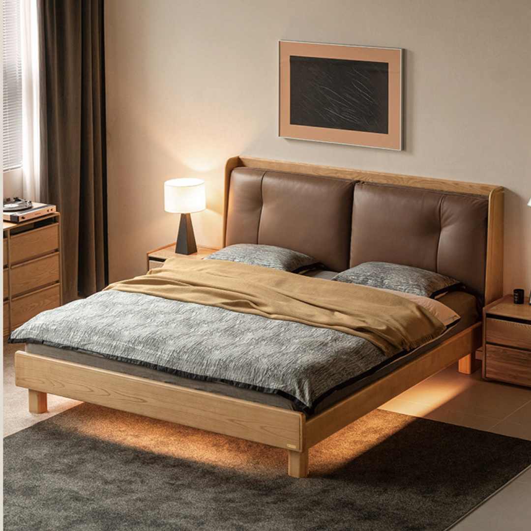 Ash Solid Wood Upholstered Floating Platform Bed with LED Lights