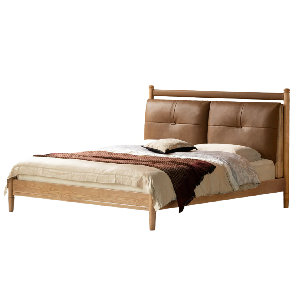 Ash Solid Wood Bed with Plush Genuine Leather Cushioned Headboard