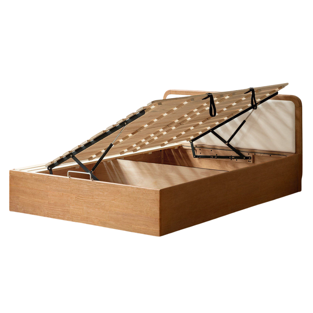 Oak, Rubberwood Solid Wood Upholstered Kids Storage Bed with Gas Lift and Rounded Headboard
