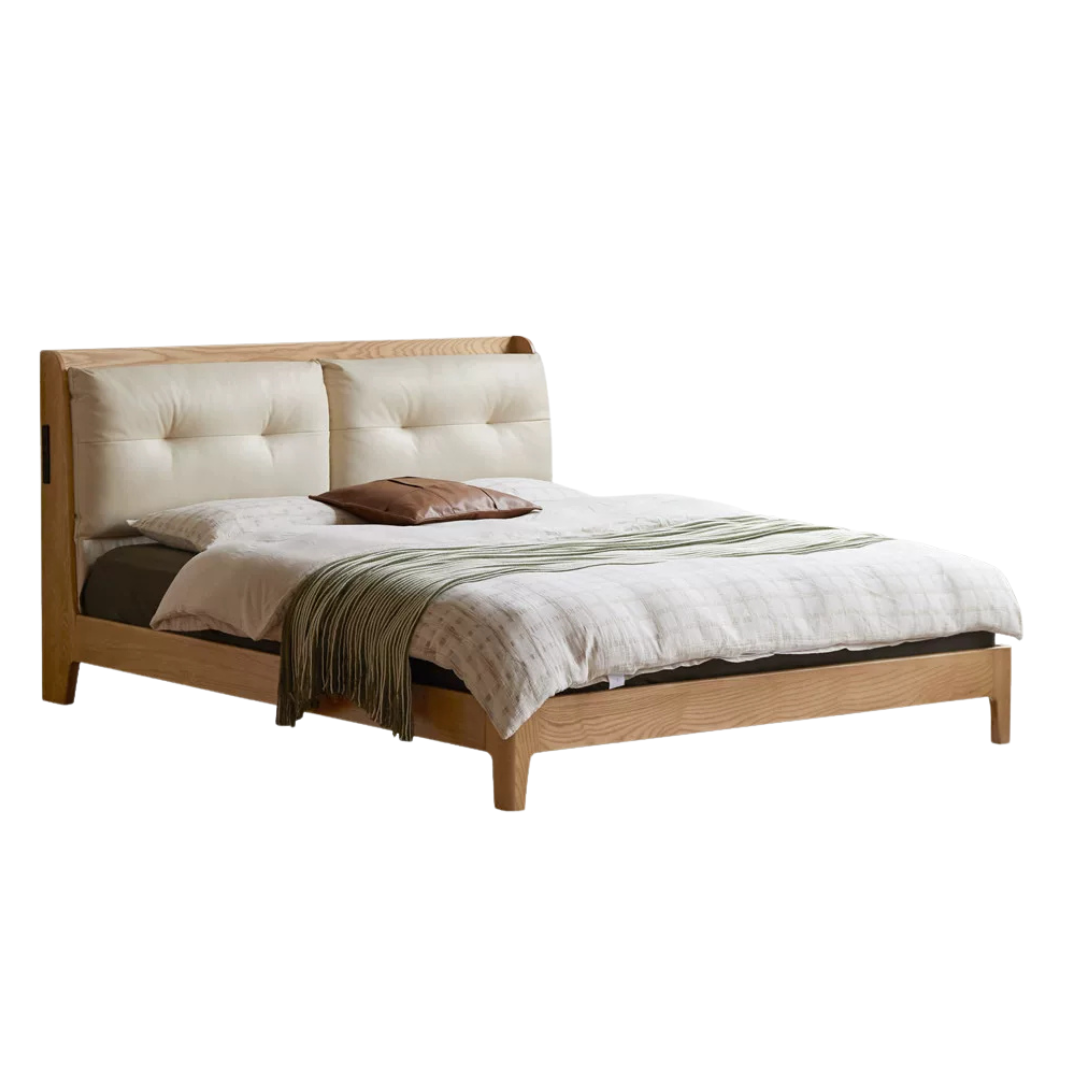 Ash Solid Wood Modern Leather Tufted Platform Bed with USB Charging Port