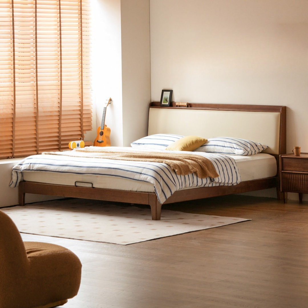Golden Rosewood Solid Wood Modern Bed with Leather Upholstered Headboard and Built-In Power Outlets