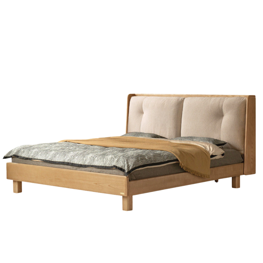 Ash Solid Wood Upholstered Floating Platform Bed with LED Lights