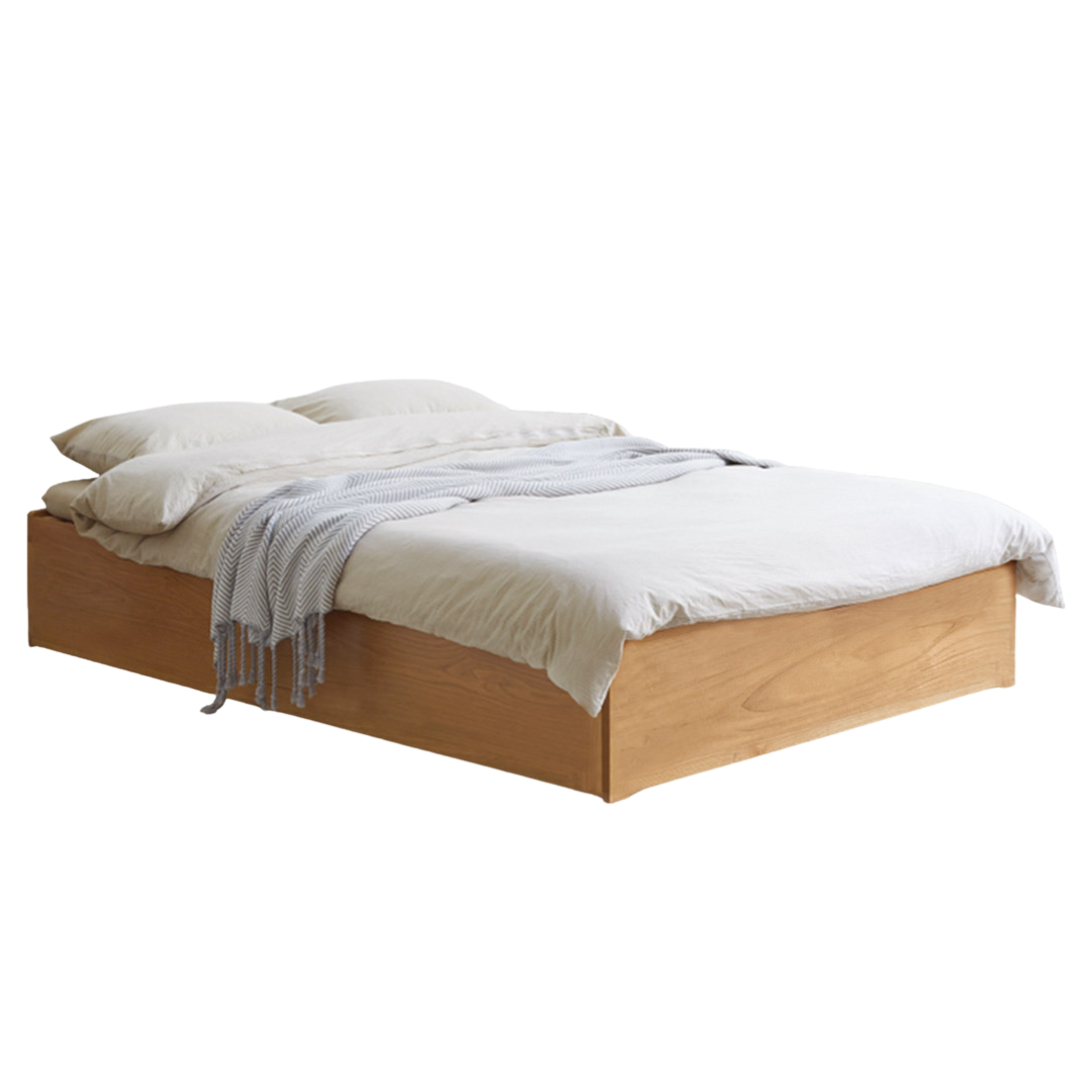 Oak, Rubberwood Solid Wood Platform Bed, Headboard-Free Box Bed