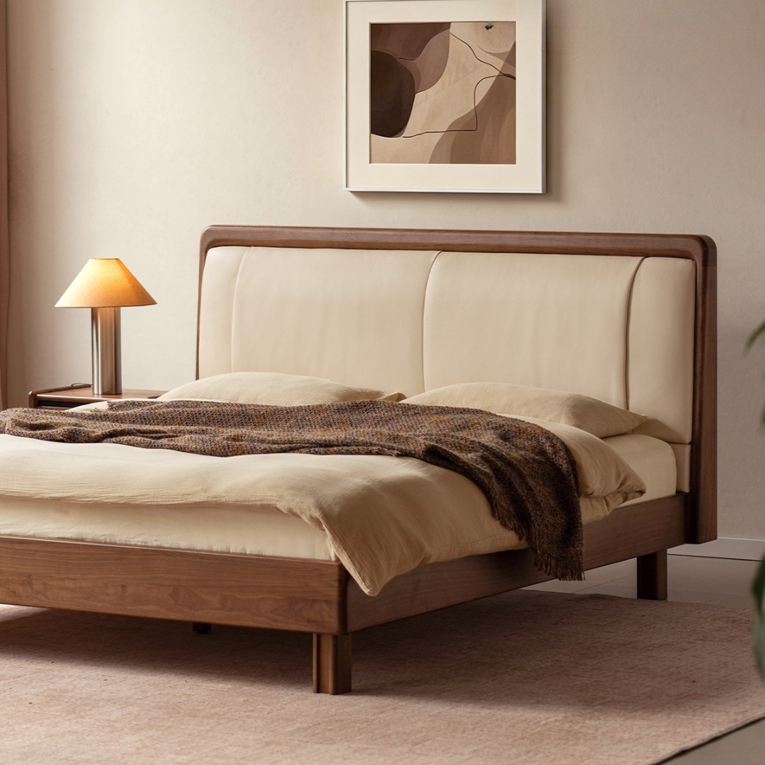 Black Walnut Solid Wood Italian Genuine Leather Bed with Down-Filled Upholstered Headboard