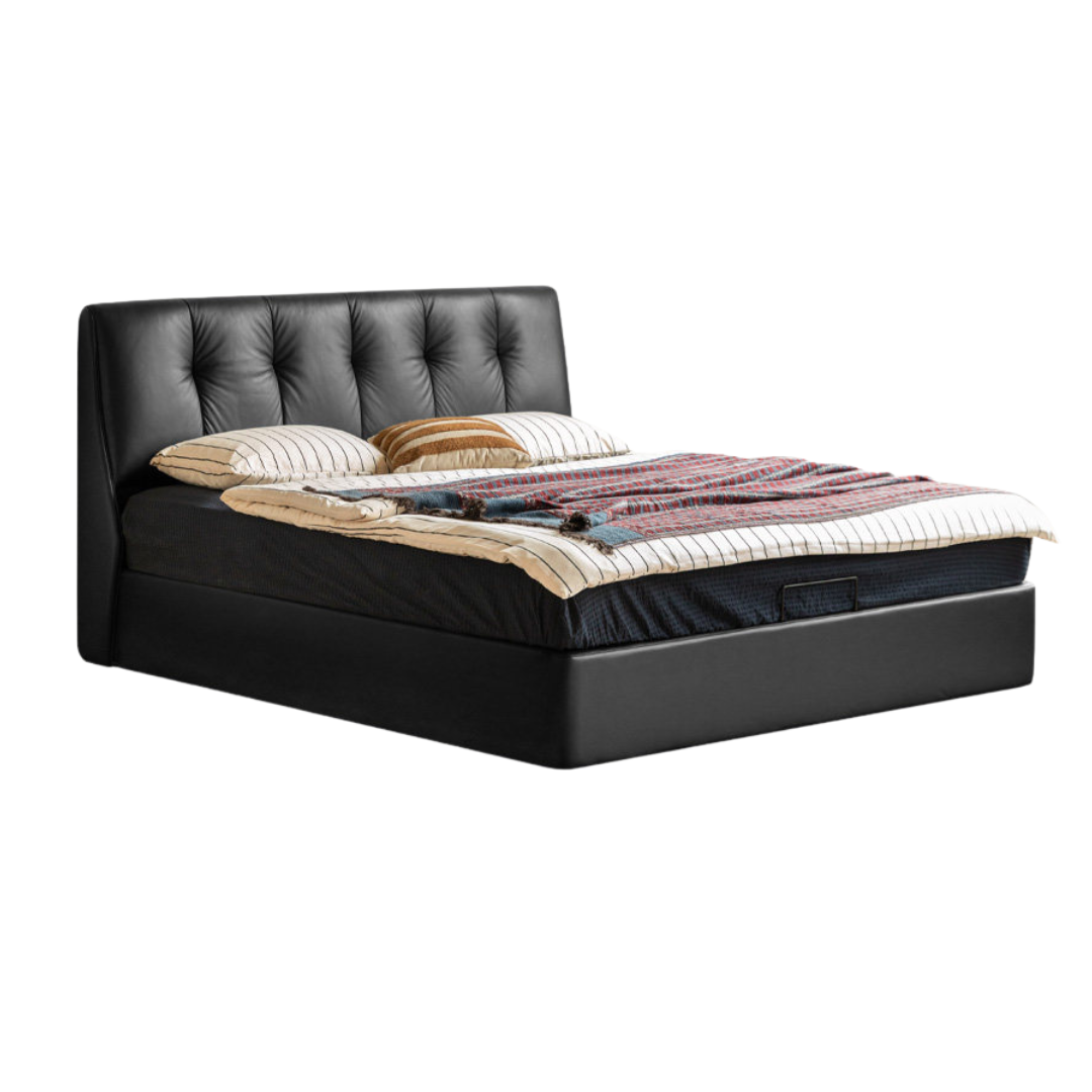 Genuine Leather Bed with Thick Tufted Headboard – Platform or Lift-Up Storage Bed with Drawers