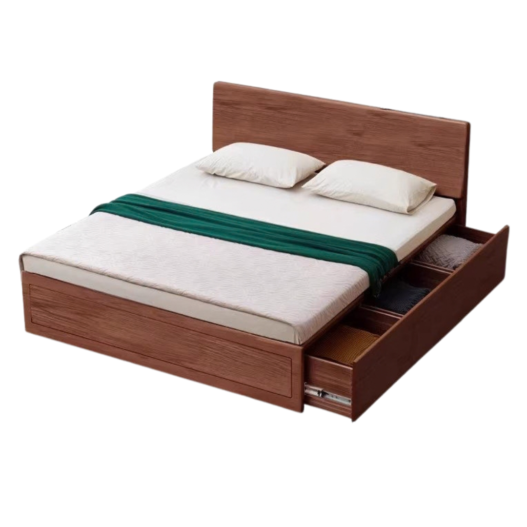 Ash, Oak, Black Walnut Solid Wood Box Bed with Drawers