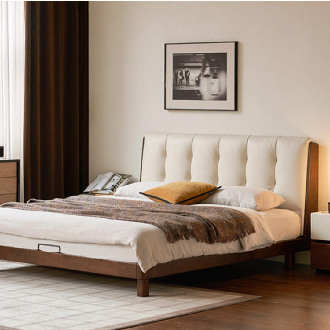 Rubberwood Solid Wood Italian Style Bed with Leather Headboard and Soft Goose Down Cushion