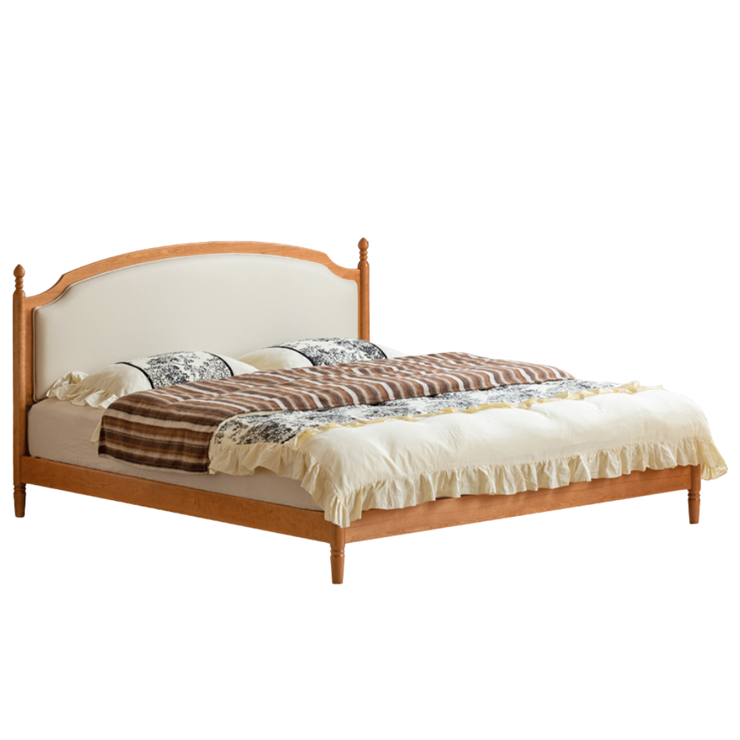 Cherry Solid Wood Soft Backrest Bed, French Retro Style